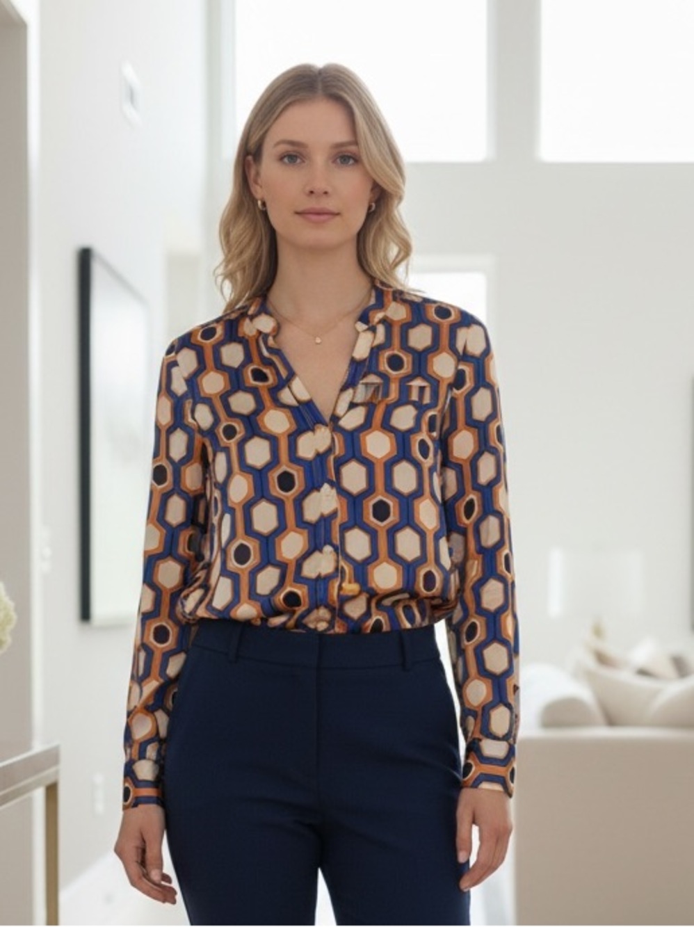 The Limited Blue Orange Geometric Print Career Blouse Size S